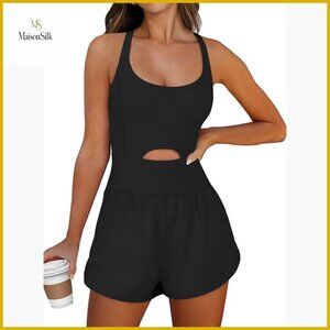 Slim Fit Athletic Romper with Cutout Top, Built-in Shorts, Nylon Blend